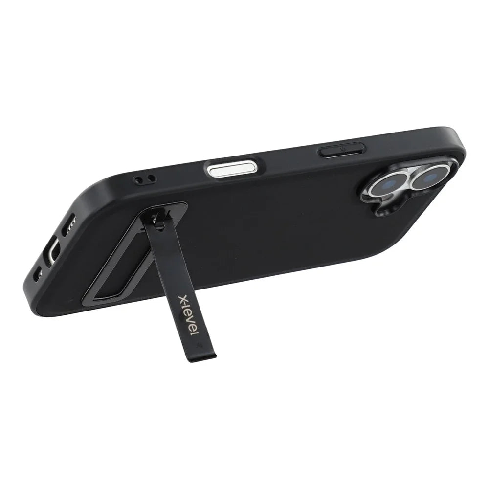 X-LEVEL For iPhone 17 Case Leather Coated PC TPU Phone Back Cover with Metal Kickstand - Black - 4