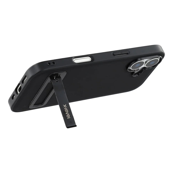 X-LEVEL For iPhone 17 Case Leather Coated PC TPU Phone Back Cover with Metal Kickstand - Black - 4