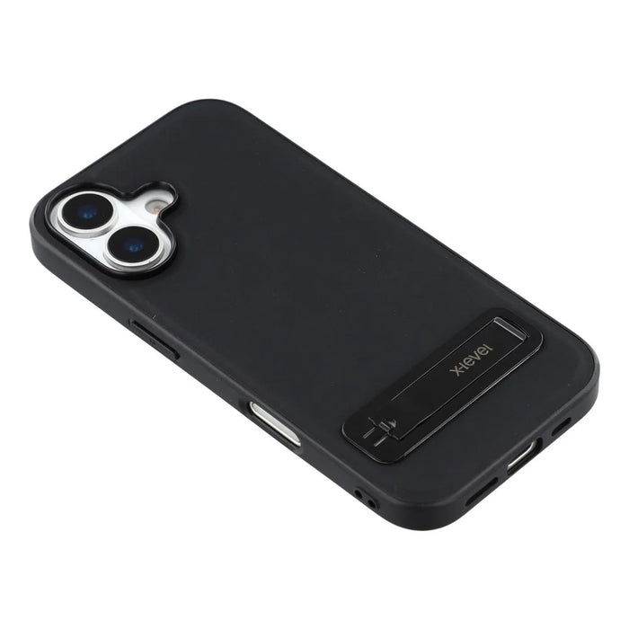 X-LEVEL For iPhone 17 Case Leather Coated PC TPU Phone Back Cover with Metal Kickstand - Black - 5