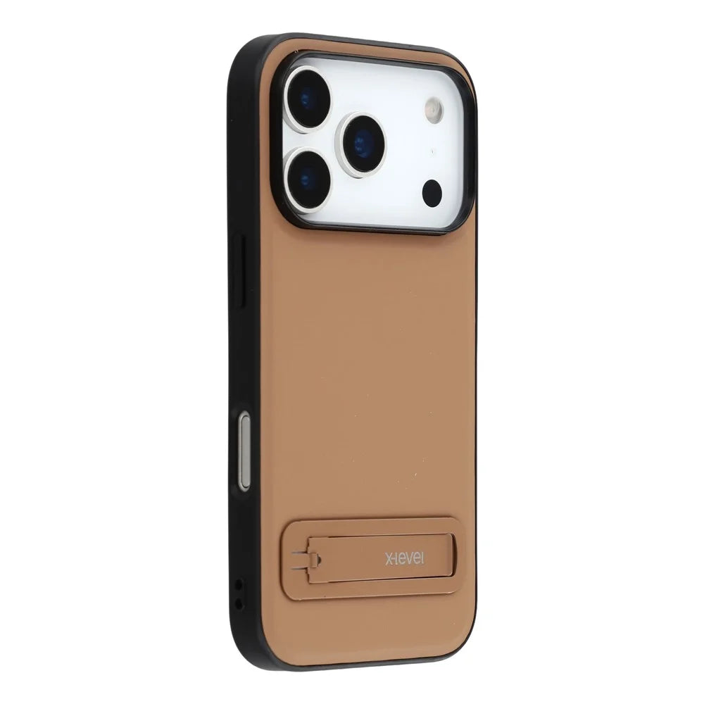X-LEVEL For iPhone 17 Pro Case Leather Coated PC TPU Phone Back Cover with Metal Kickstand - Brown - 1