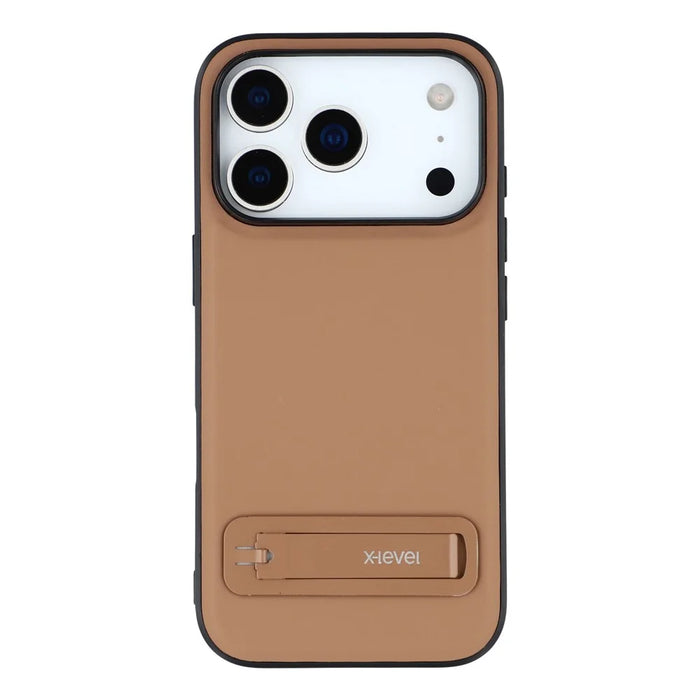 X-LEVEL For iPhone 17 Pro Case Leather Coated PC TPU Phone Back Cover with Metal Kickstand - Brown - 3