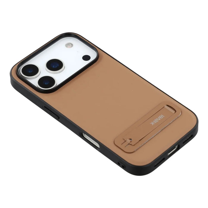 X-LEVEL For iPhone 17 Pro Case Leather Coated PC TPU Phone Back Cover with Metal Kickstand - Brown - 5