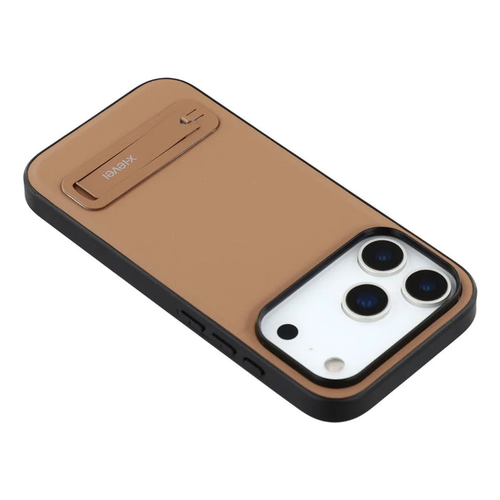 X-LEVEL For iPhone 17 Pro Case Leather Coated PC TPU Phone Back Cover with Metal Kickstand - Brown - 6