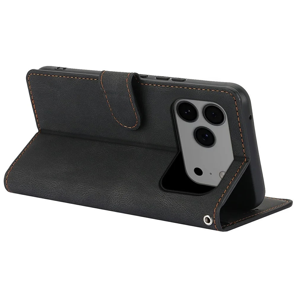 For iPhone 18 Pro / 17 Pro Case PU Leather Phone Cover with Wallet Stand - Black - 3