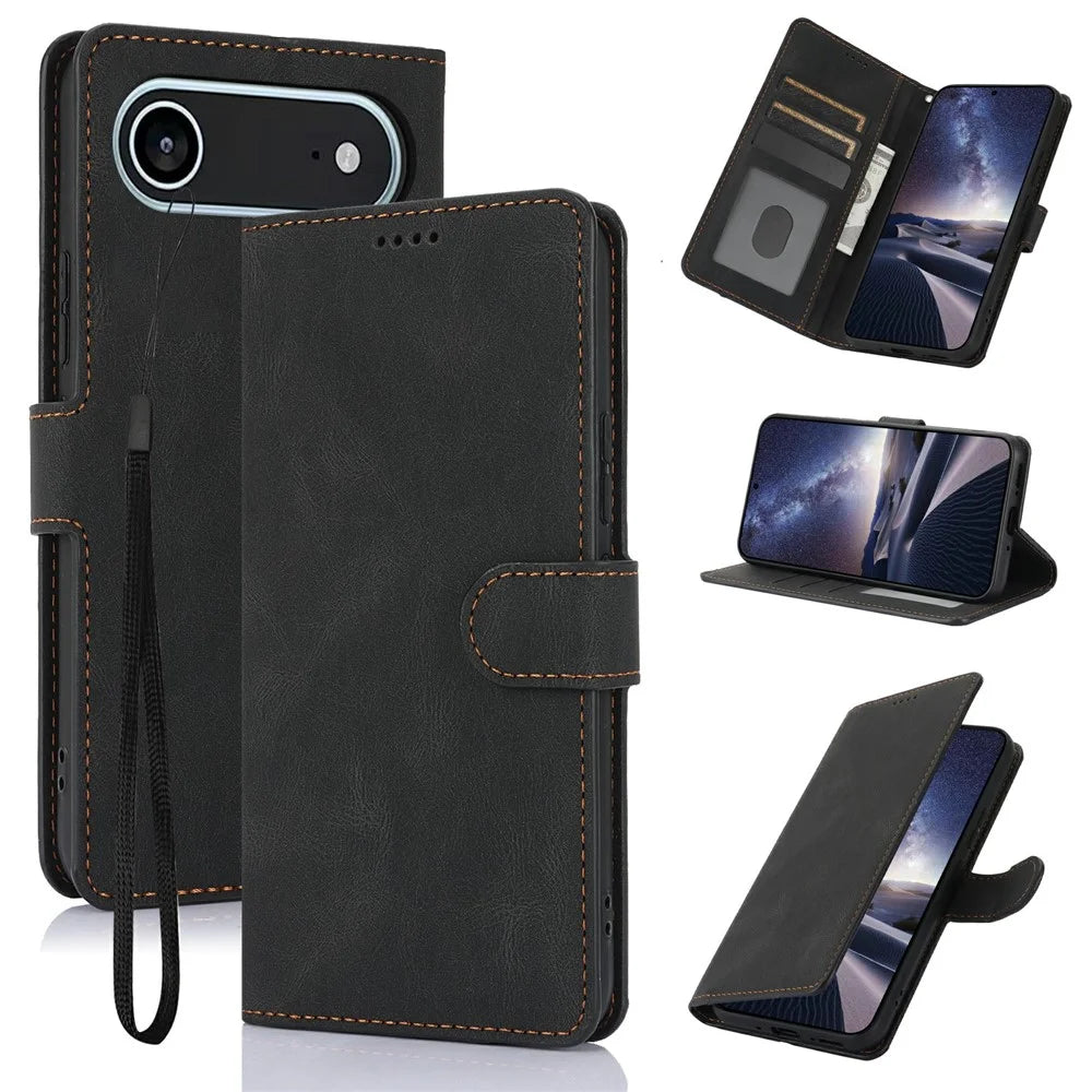 For iPhone Air Case PU Leather Phone Cover with Wallet Stand - Black - 1