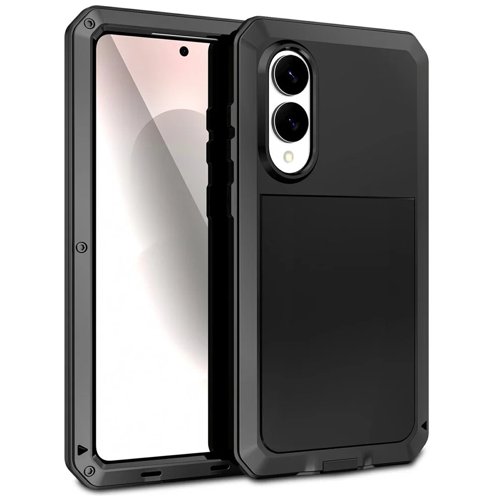 For Samsung Galaxy S25 Edge Case Silicone + Metal Phone Cover with Tempered Glass Screen Protector - Black - 1