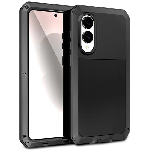 For Samsung Galaxy S25 Edge Case Silicone + Metal Phone Cover with Tempered Glass Screen Protector - Black - 1