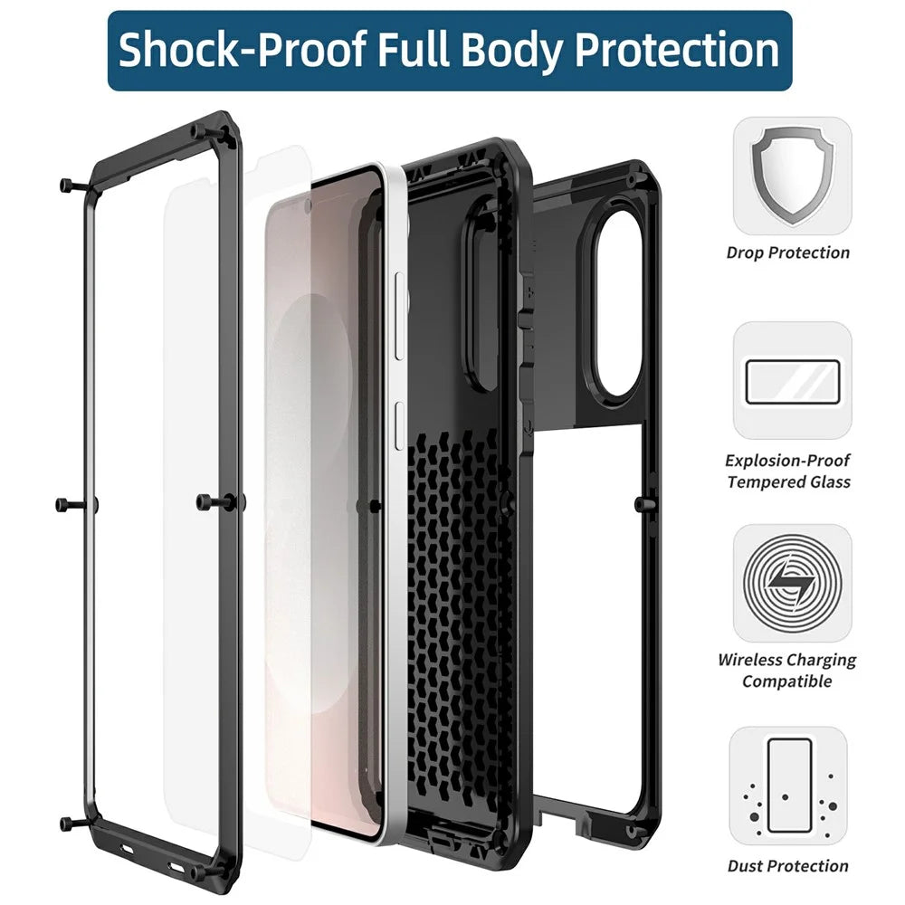 For Samsung Galaxy S25 Edge Case Silicone + Metal Phone Cover with Tempered Glass Screen Protector - Black - 5