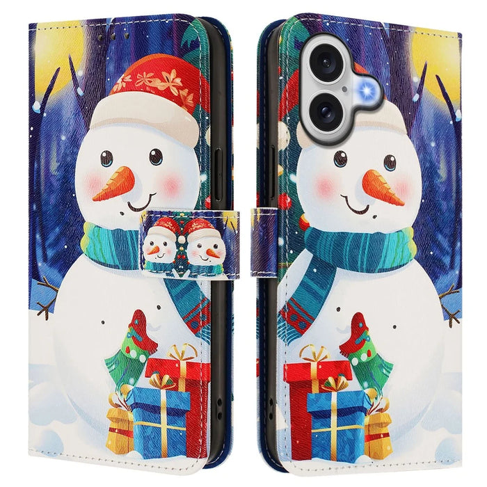 For iPhone 17 Wallet Case Christmas Pattern Printing Leather Phone Cover with Lanyard - Gift Box Snowman - 1