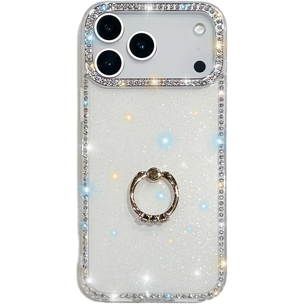 For iPhone 18 Pro Max / 17 Pro Max Case with Ring Kickstand Rhinestone Edge TPU + PC IMD Phone Cover - Glitter White - 1