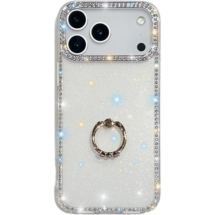 For iPhone 18 Pro Max / 17 Pro Max Case with Ring Kickstand Rhinestone Edge TPU + PC IMD Phone Cover - Glitter White - 1