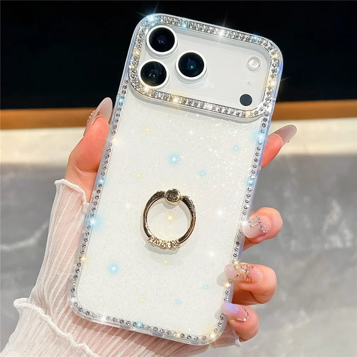 For iPhone 18 Pro Max / 17 Pro Max Case with Ring Kickstand Rhinestone Edge TPU + PC IMD Phone Cover - Glitter White - 2