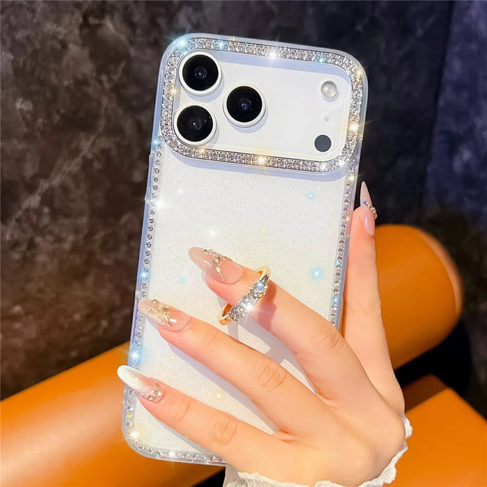 For iPhone 18 Pro Max / 17 Pro Max Case with Ring Kickstand Rhinestone Edge TPU + PC IMD Phone Cover - Glitter White - 3