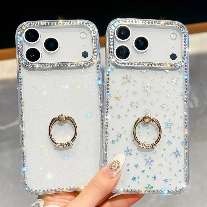 For iPhone 18 Pro Max / 17 Pro Max Case with Ring Kickstand Rhinestone Edge TPU + PC IMD Phone Cover - Glitter White - 6