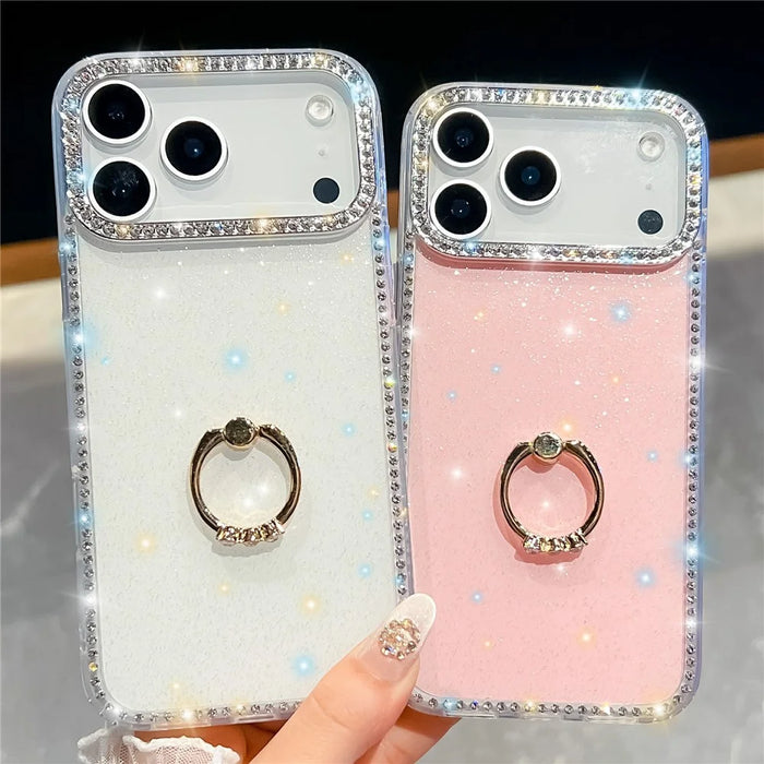 For iPhone 18 Pro Max / 17 Pro Max Case with Ring Kickstand Rhinestone Edge TPU + PC IMD Phone Cover - Glitter White - 7