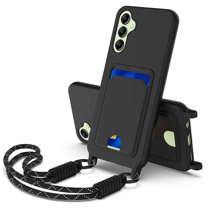 For Samsung Galaxy S24 FE Liquid Silicone Case  Phone Back Cover with Card Holder and Short Strap - Black - 1