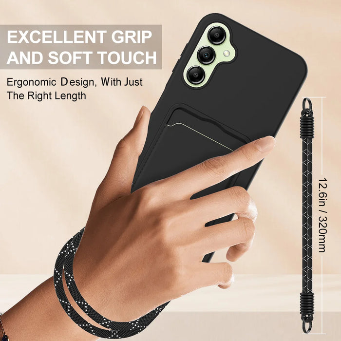 For Samsung Galaxy S24 FE Liquid Silicone Case  Phone Back Cover with Card Holder and Short Strap - Black - 3