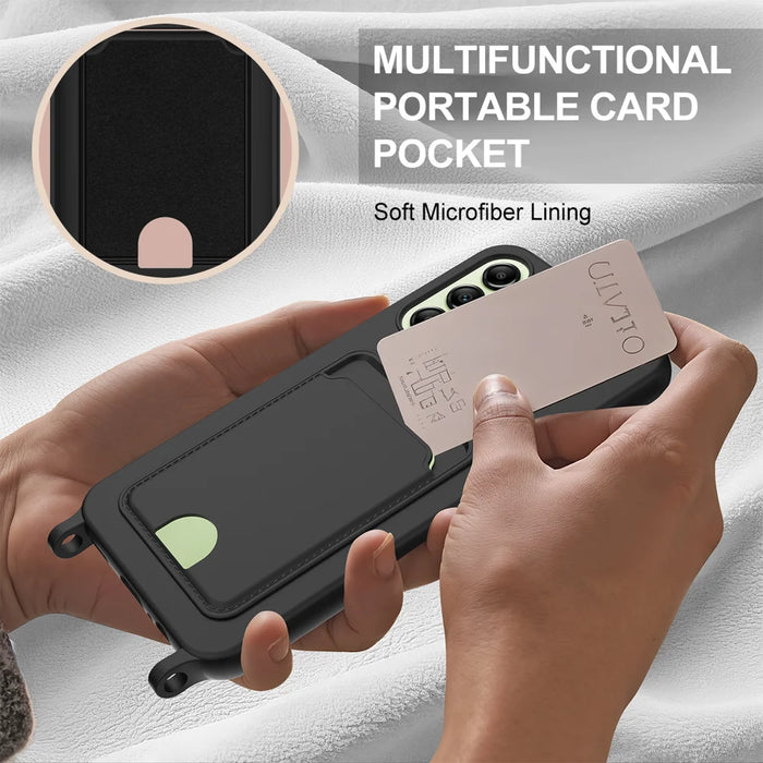 For Samsung Galaxy S24 FE Liquid Silicone Case  Phone Back Cover with Card Holder and Short Strap - Black - 6