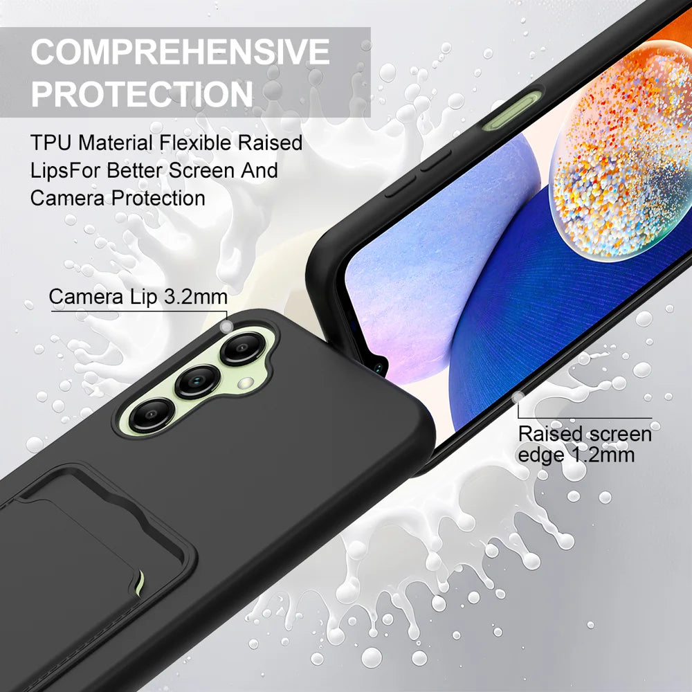 For Samsung Galaxy A16 5G / Galaxy A16 4G Liquid Silicone Case  Phone Back Cover with Card Holder and Short Strap - Black - 7