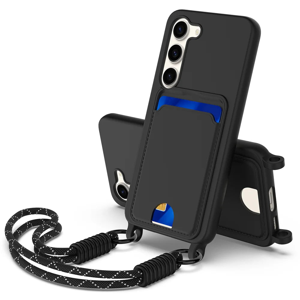 For Samsung Galaxy S23+ Liquid Silicone Case  Phone Back Cover with Card Holder and Short Strap - Black - 1