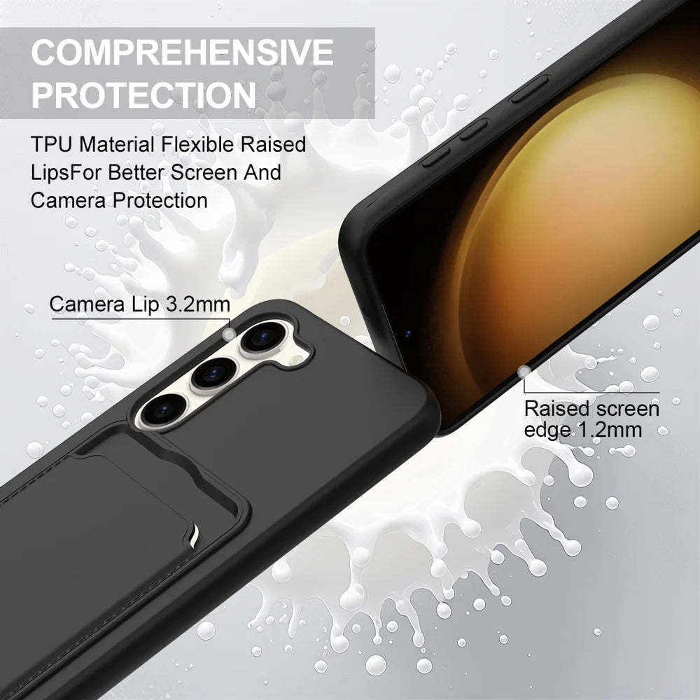 For Samsung Galaxy S23+ Liquid Silicone Case  Phone Back Cover with Card Holder and Short Strap - Black - 7