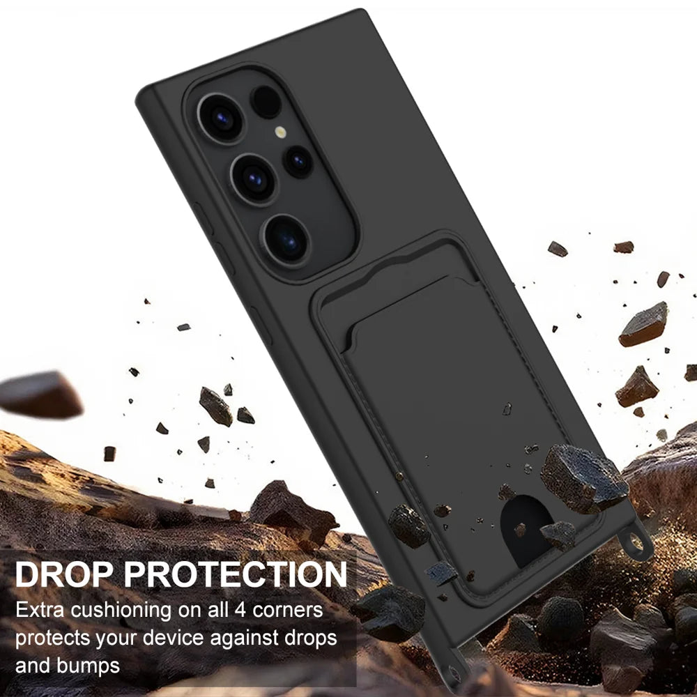 For Samsung Galaxy S23 Ultra Liquid Silicone Case  Phone Back Cover with Card Holder and Short Strap - Black - 5