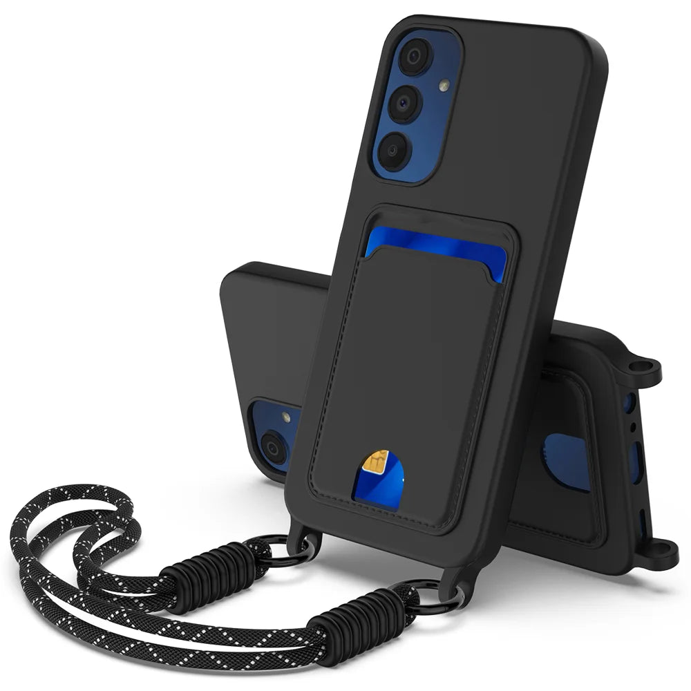 For Samsung Galaxy A54 5G Liquid Silicone Case  Phone Back Cover with Card Holder and Short Strap - Black - 1