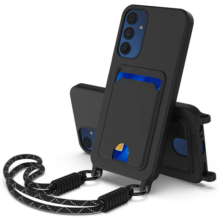 For Samsung Galaxy A54 5G Liquid Silicone Case  Phone Back Cover with Card Holder and Short Strap - Black - 1