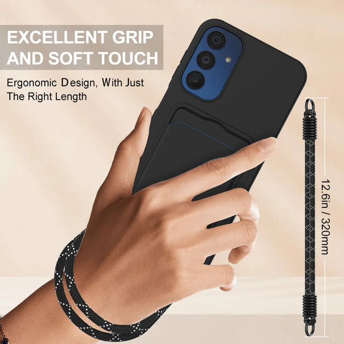 For Samsung Galaxy A54 5G Liquid Silicone Case  Phone Back Cover with Card Holder and Short Strap - Black - 3