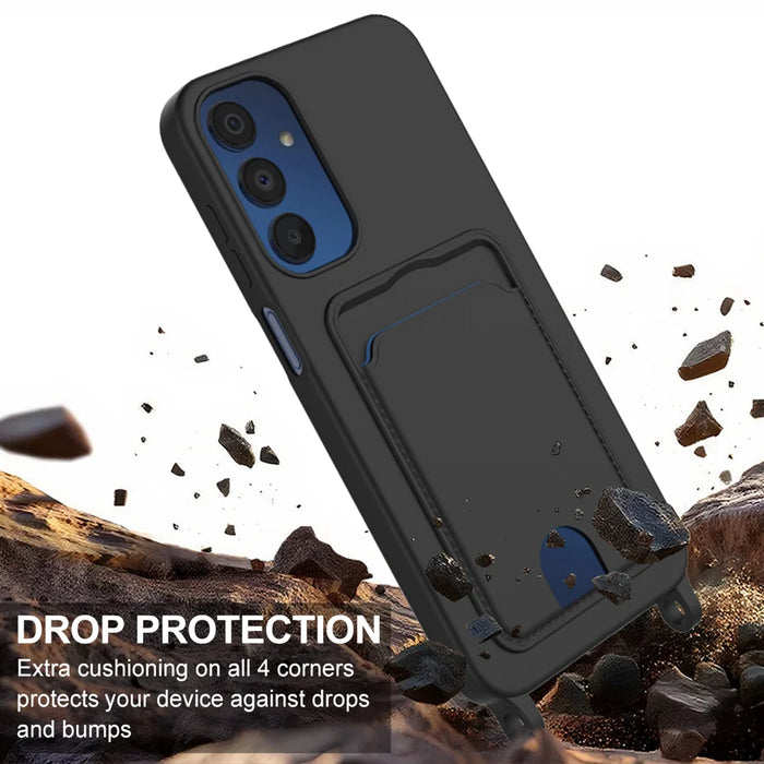 For Samsung Galaxy A54 5G Liquid Silicone Case  Phone Back Cover with Card Holder and Short Strap - Black - 5