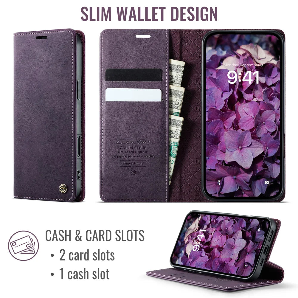 CASEME For iPhone 17 Case  033 Series RFID Blocking Wallet Stand Calf Texture Leather Phone Cover - Purple - 2
