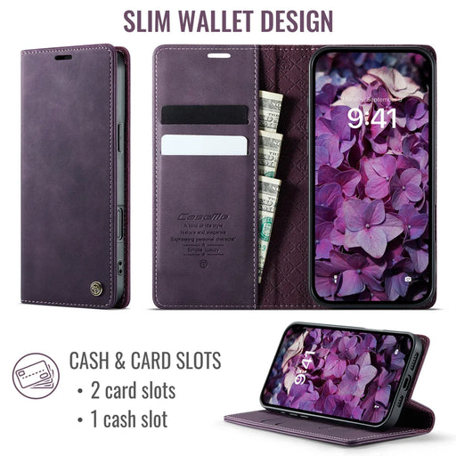 CASEME For iPhone 17 Case  033 Series RFID Blocking Wallet Stand Calf Texture Leather Phone Cover - Purple - 2