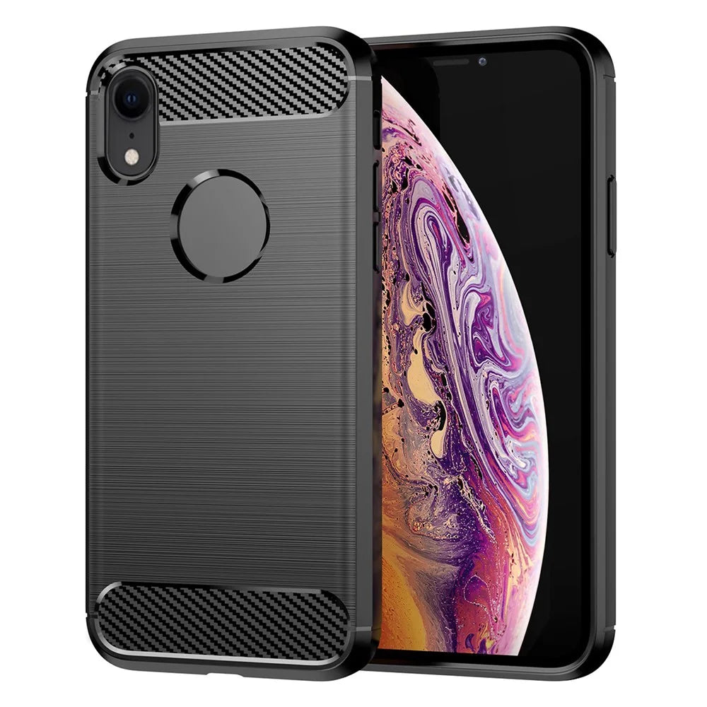 For iPhone XR 6.1 inch Drop Protection Flexible TPU Phone Back Cover Brushed Carbon Fiber Texture Cell Phone Case - Black - 1
