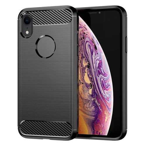For iPhone XR 6.1 inch Drop Protection Flexible TPU Phone Back Cover Brushed Carbon Fiber Texture Cell Phone Case - Black - 1