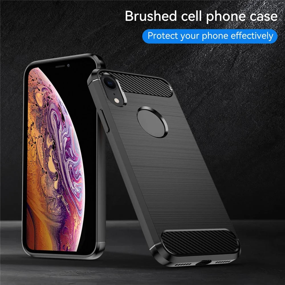 For iPhone XR 6.1 inch Drop Protection Flexible TPU Phone Back Cover Brushed Carbon Fiber Texture Cell Phone Case - Black - 5