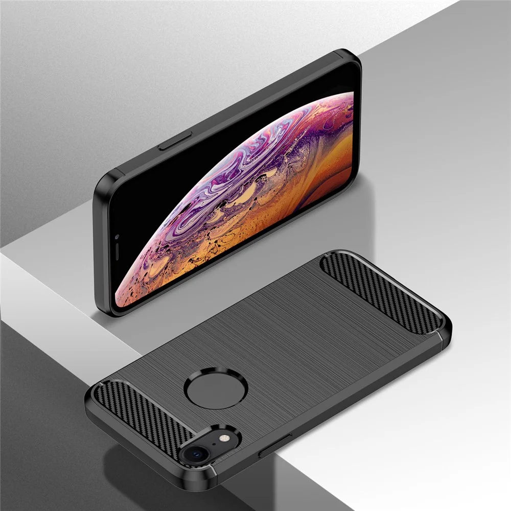 For iPhone XR 6.1 inch Drop Protection Flexible TPU Phone Back Cover Brushed Carbon Fiber Texture Cell Phone Case - Black - 6