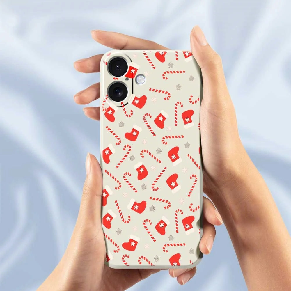 For iPhone 17 Case Red Canes and Stockings Pattern Printing Straight Edge TPU Phone Back Cover - Beige - 4
