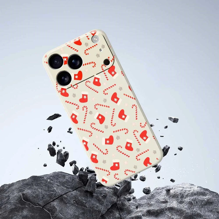 For iPhone 18 Pro Max / 17 Pro Max Case Red Canes and Stockings Pattern Printing Straight Edge TPU Phone Back Cover - Beige - 5