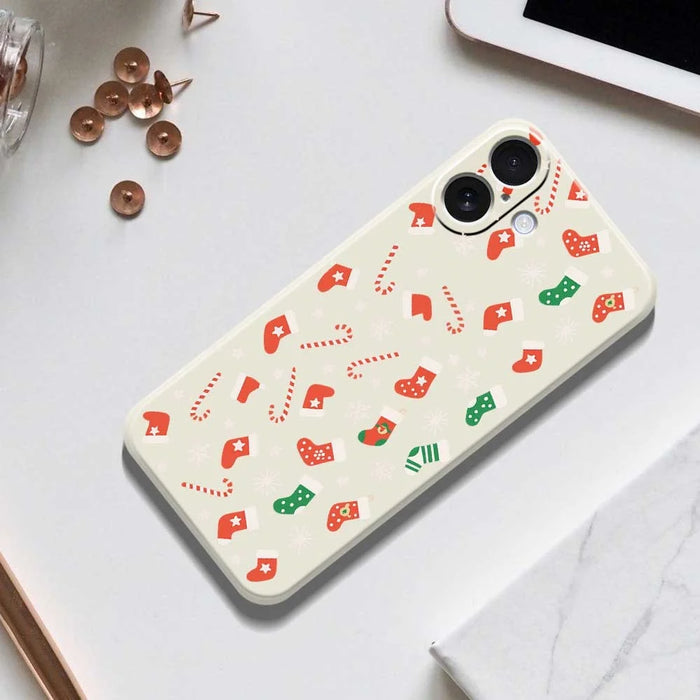 For iPhone 17 Case Red Green Socks and Canes Pattern Printing Straight Edge TPU Phone Back Cover - Beige - 6