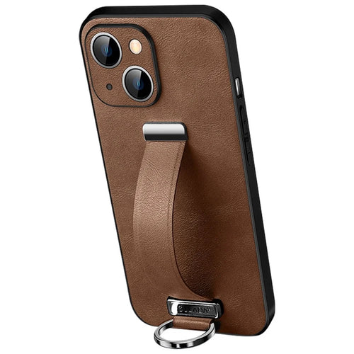 SULADA Fashion Series for iPhone 14 Plus Crazy Horse Texture PU Leather Coated PC + TPU Case Anti-drop Kickstand Phone Cover with Retractable Wristband - Brown - 1