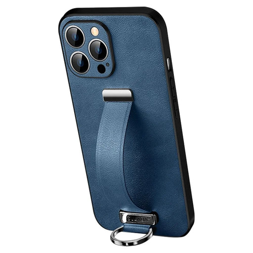 SULADA Fashion Series for iPhone 14 Pro Max Crazy Horse Texture Kickstand Case PU Leather Coated PC + TPU Phone Cover with Retractable Wristband - Blue - 1