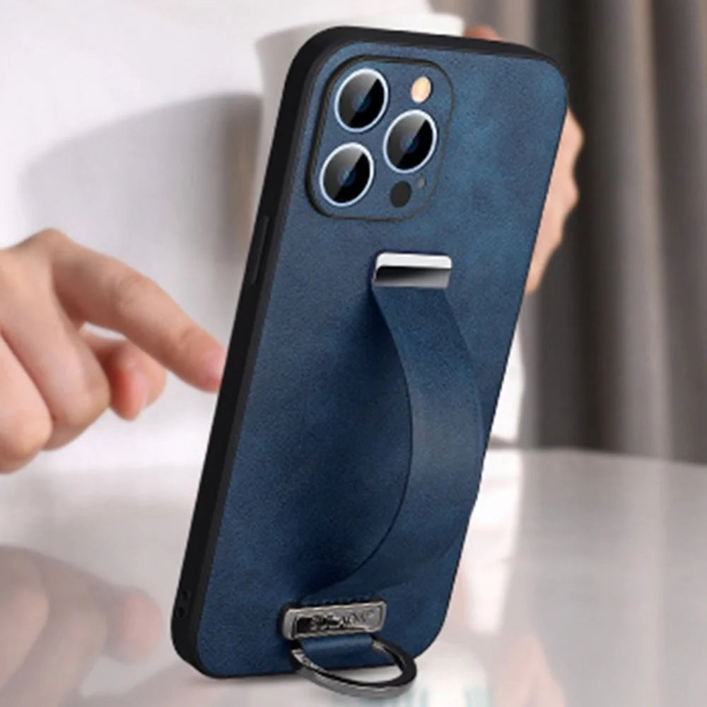 SULADA Fashion Series for iPhone 14 Pro Max Crazy Horse Texture Kickstand Case PU Leather Coated PC + TPU Phone Cover with Retractable Wristband - Blue - 2