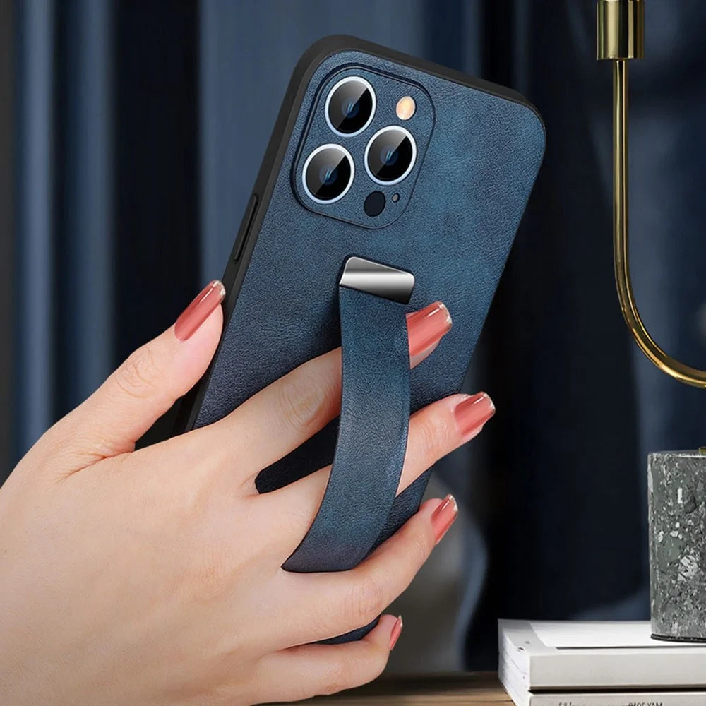 SULADA Fashion Series for iPhone 14 Pro Max Crazy Horse Texture Kickstand Case PU Leather Coated PC + TPU Phone Cover with Retractable Wristband - Blue - 3