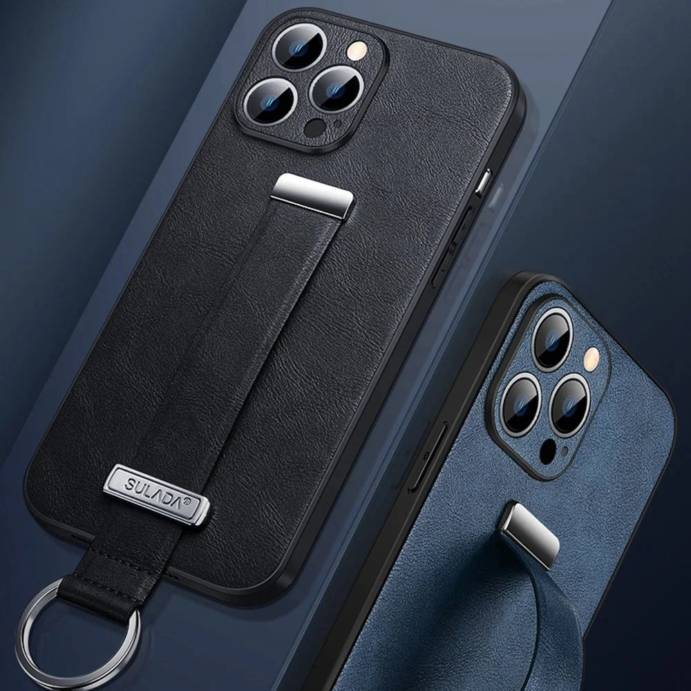 SULADA Fashion Series for iPhone 14 Pro Max Crazy Horse Texture Kickstand Case PU Leather Coated PC + TPU Phone Cover with Retractable Wristband - Blue - 4