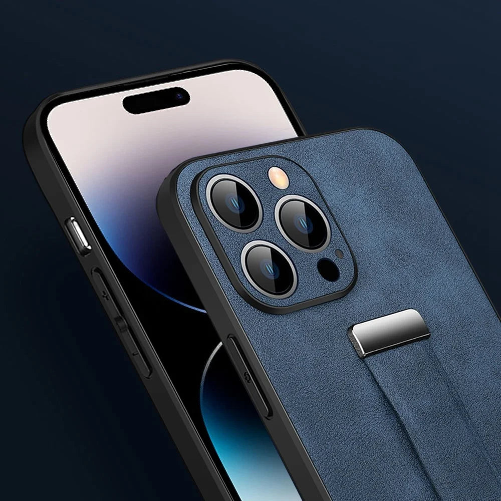 SULADA Fashion Series for iPhone 14 Pro Max Crazy Horse Texture Kickstand Case PU Leather Coated PC + TPU Phone Cover with Retractable Wristband - Blue - 5