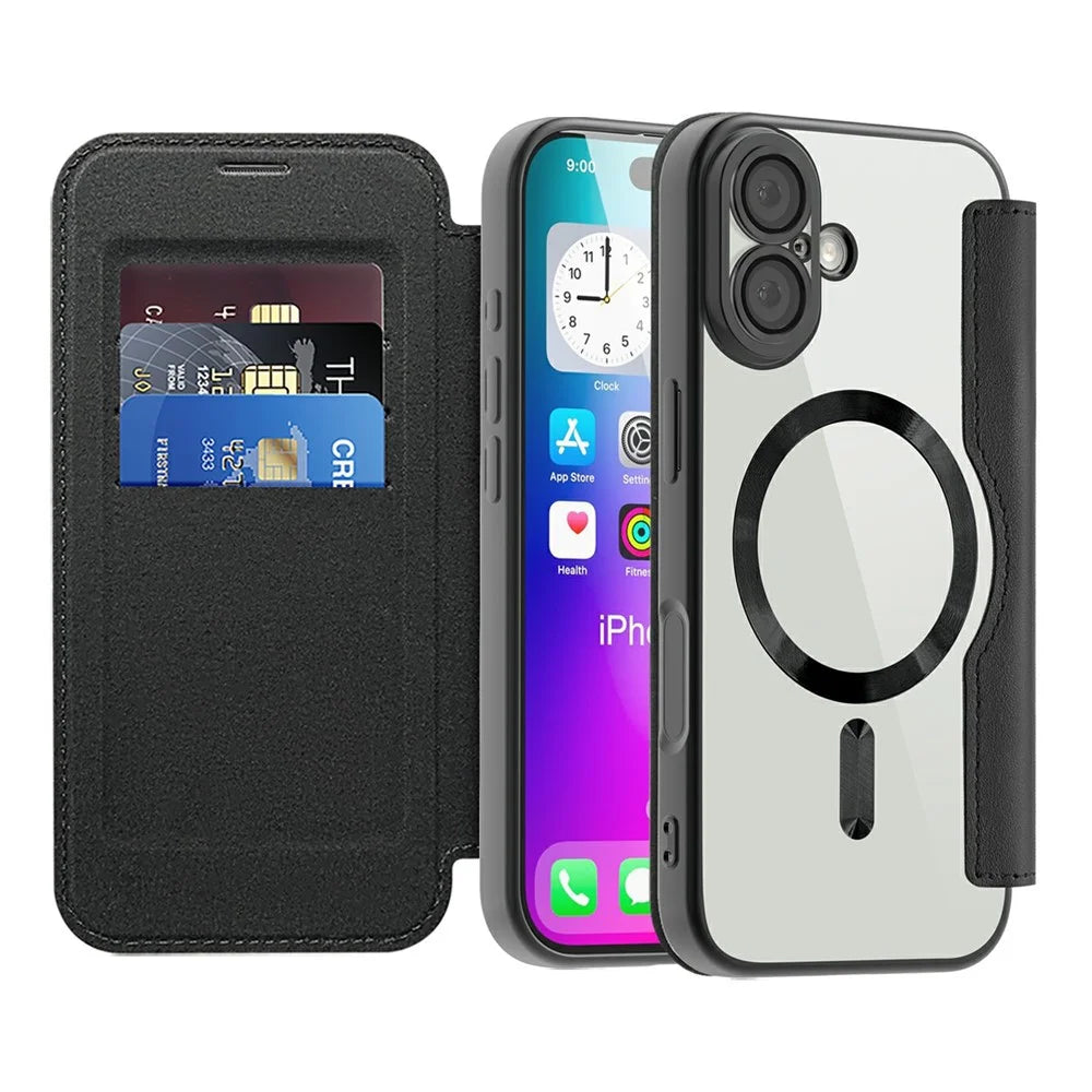 For iPhone 17 Case Compatible with MagSafe RFID Blocking Leather Phone Cover - Black - 2