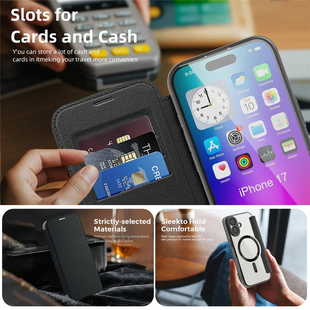 For iPhone 17 Case Compatible with MagSafe RFID Blocking Leather Phone Cover - Black - 3