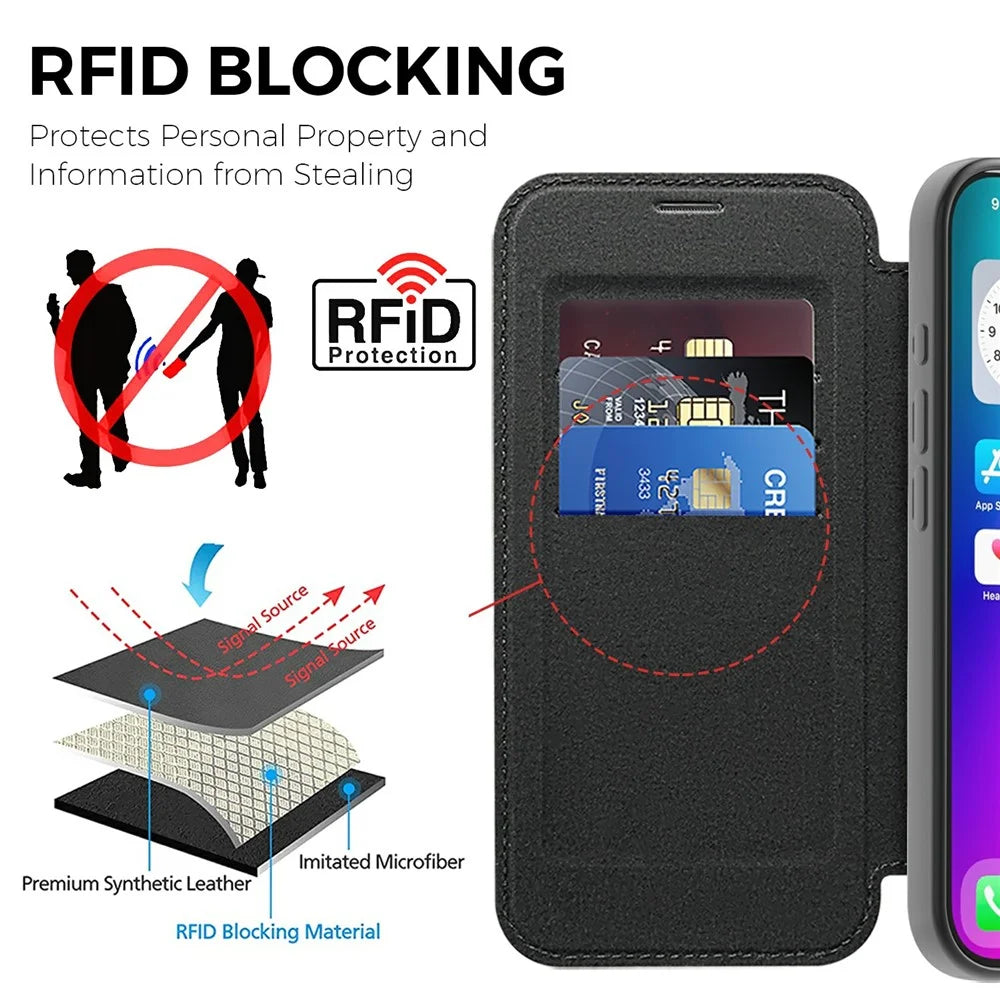 For iPhone 17 Case Compatible with MagSafe RFID Blocking Leather Phone Cover - Black - 4