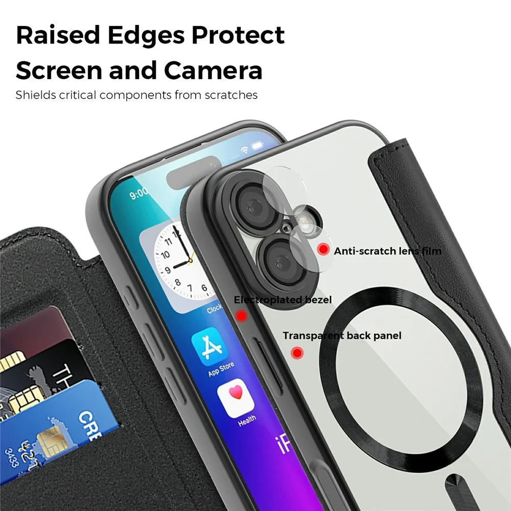 For iPhone 17 Case Compatible with MagSafe RFID Blocking Leather Phone Cover - Black - 6