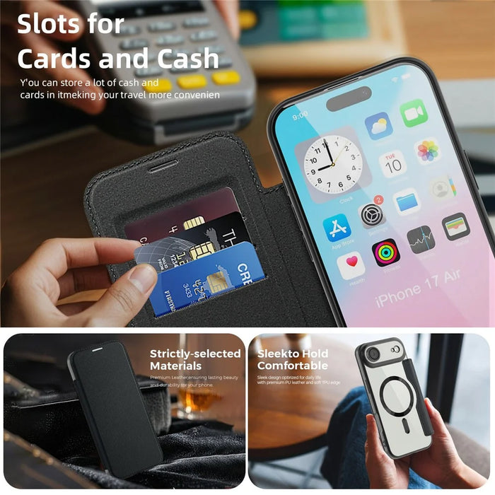 For iPhone Air Case Compatible with MagSafe RFID Blocking Leather Phone Cover - Black - 3